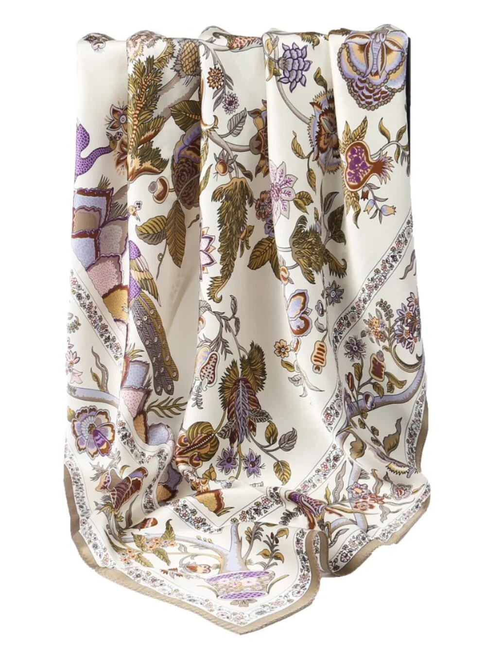100% Silk Scarves, Extra-Large, Beanstalk, Creme With Taupe Trim